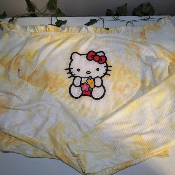 SHEIN X Hello Kitty Yellow Tie Dye Ruffle Cropped Long Sleeve Top 1X - Picture 2 of 3